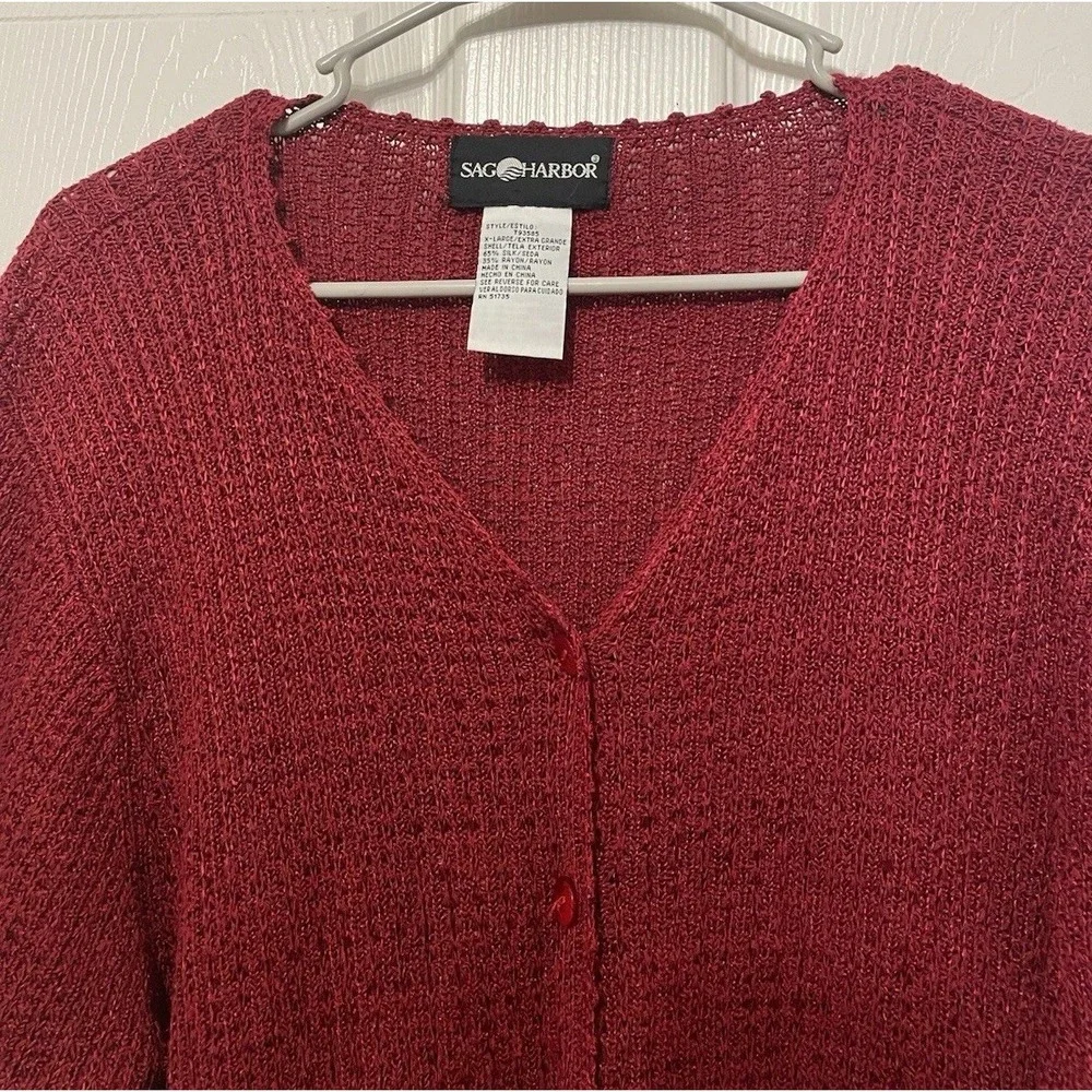 Sag Harbor XL Silk Rayon Cardigan Red Short Sleeve Button Front Knit Sweater